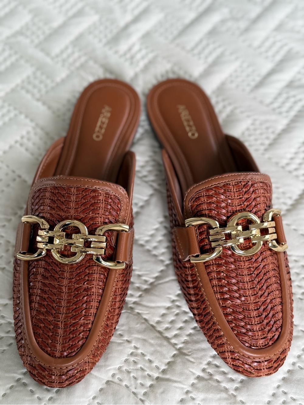 Woven Leather Chain-Trim Slip-On Loafers — Brown